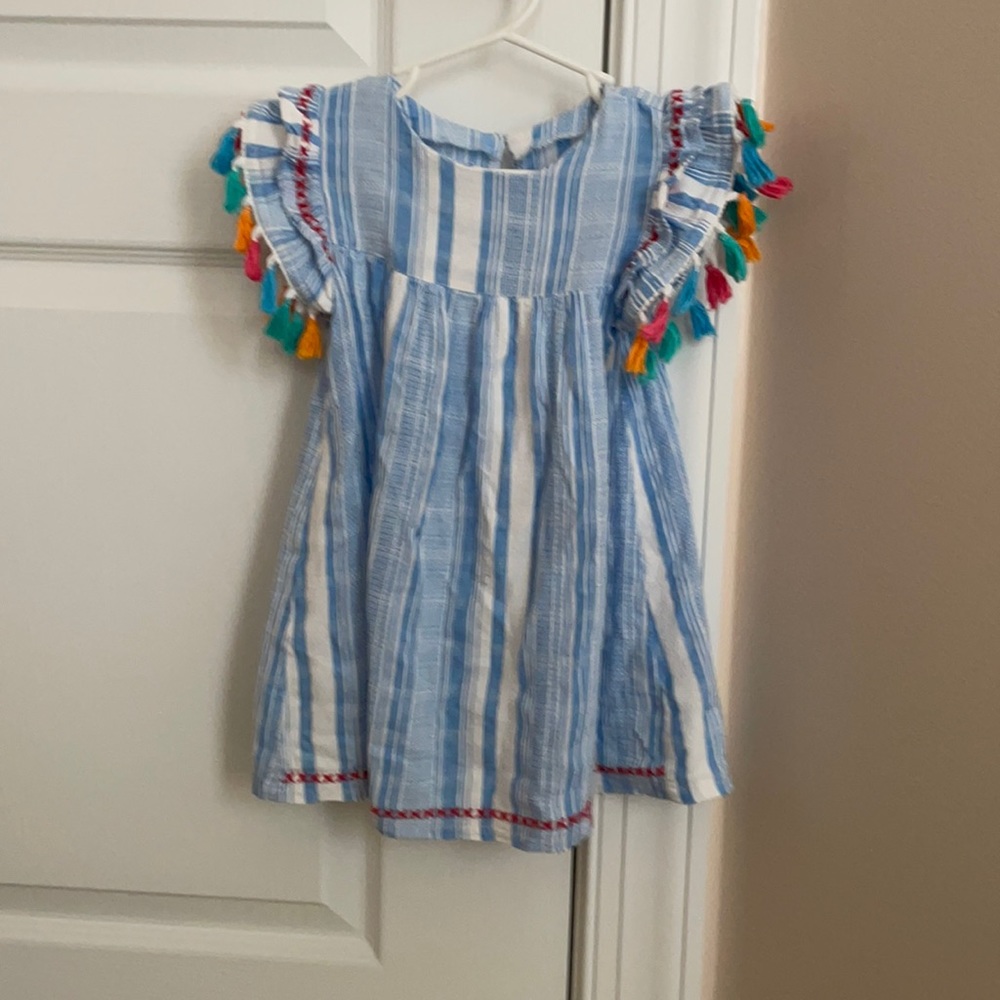 Mud Pie 3T blue and white stripe tassel dress with red embroidery.